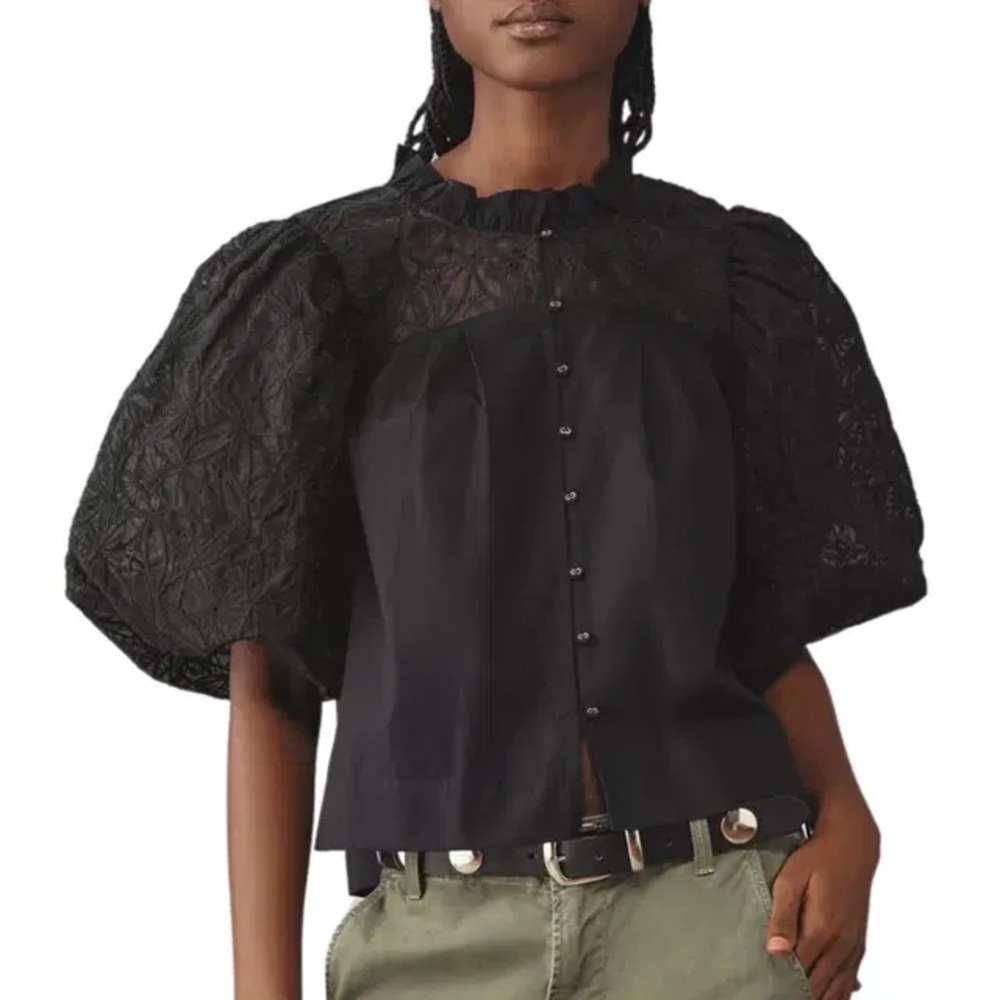Puff-Sleeve Embellished Button-Front Blouse XS